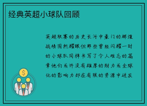经典英超小球队回顾