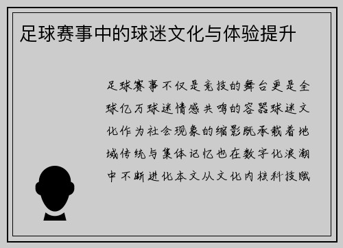 足球赛事中的球迷文化与体验提升